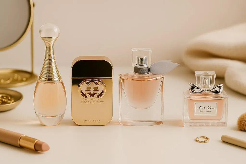 تصویر بهترین عطرهای زنانه برای هدیه روی میز آرایش با المان‌های زنانه و فضایی مینیمال