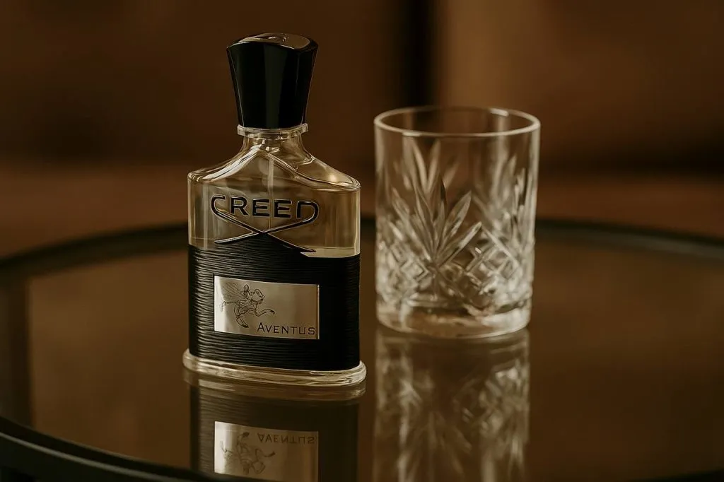 تصویر بهترین عطر مردانه Creed Aventus روی میز شیشه‌ای همراه با لیوان بلوری لوکس