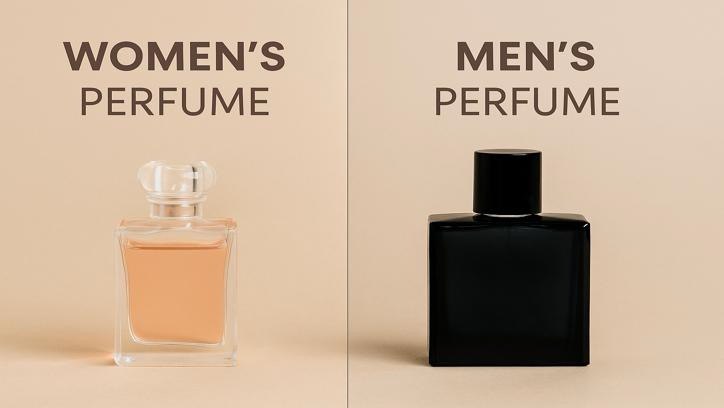 تصویر مفهومی از فرق عطر زنانه و مردانه با نمایش بطری‌های متفاوت در رنگ و طراحی