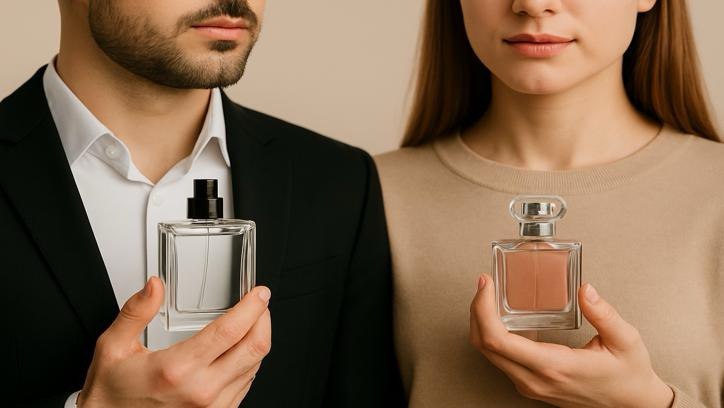 یک زن و مرد هرکدام در حال نگه‌داشتن بطری عطری با طراحی متفاوت، نمایانگر فرق عطر زنانه و مردانه