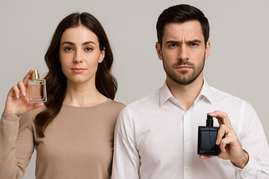 یک مرد و یک زن در حال نمایش فرق عطر زنانه و مردانه