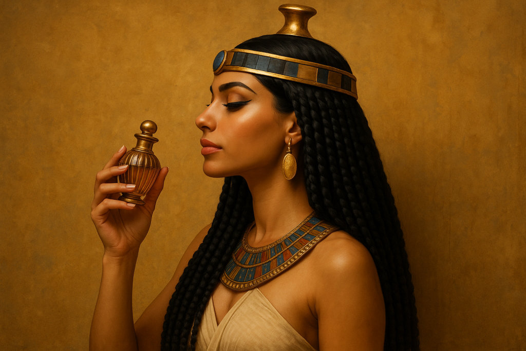 تصویر زن مصری در حال بوییدن عطر برای مقاله اولین عطر جان