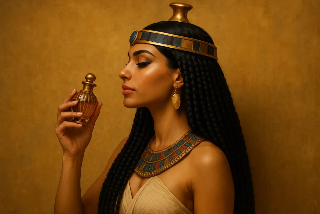 تصویر زن مصری در حال بوییدن عطر برای مقاله اولین عطر جان