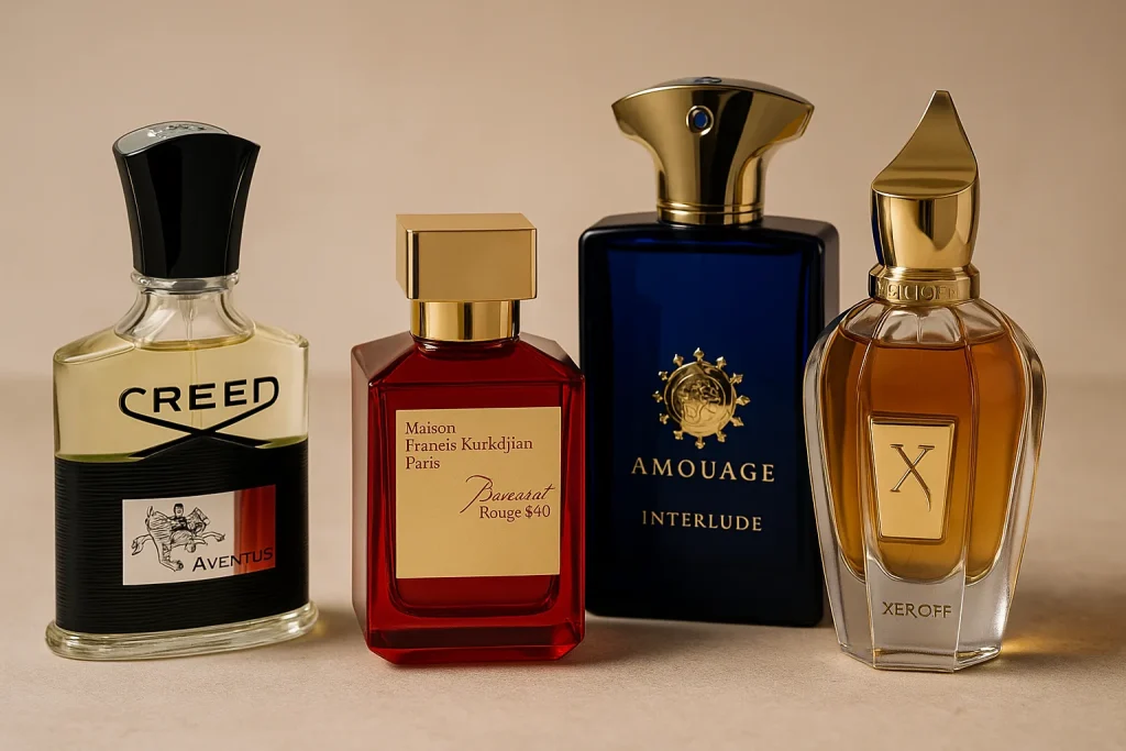 چند بطری از برندهای معروف عطر نیش مانند اونتوس، باکارات روژ و اینترلود کنار هم با نورپردازی لوکس