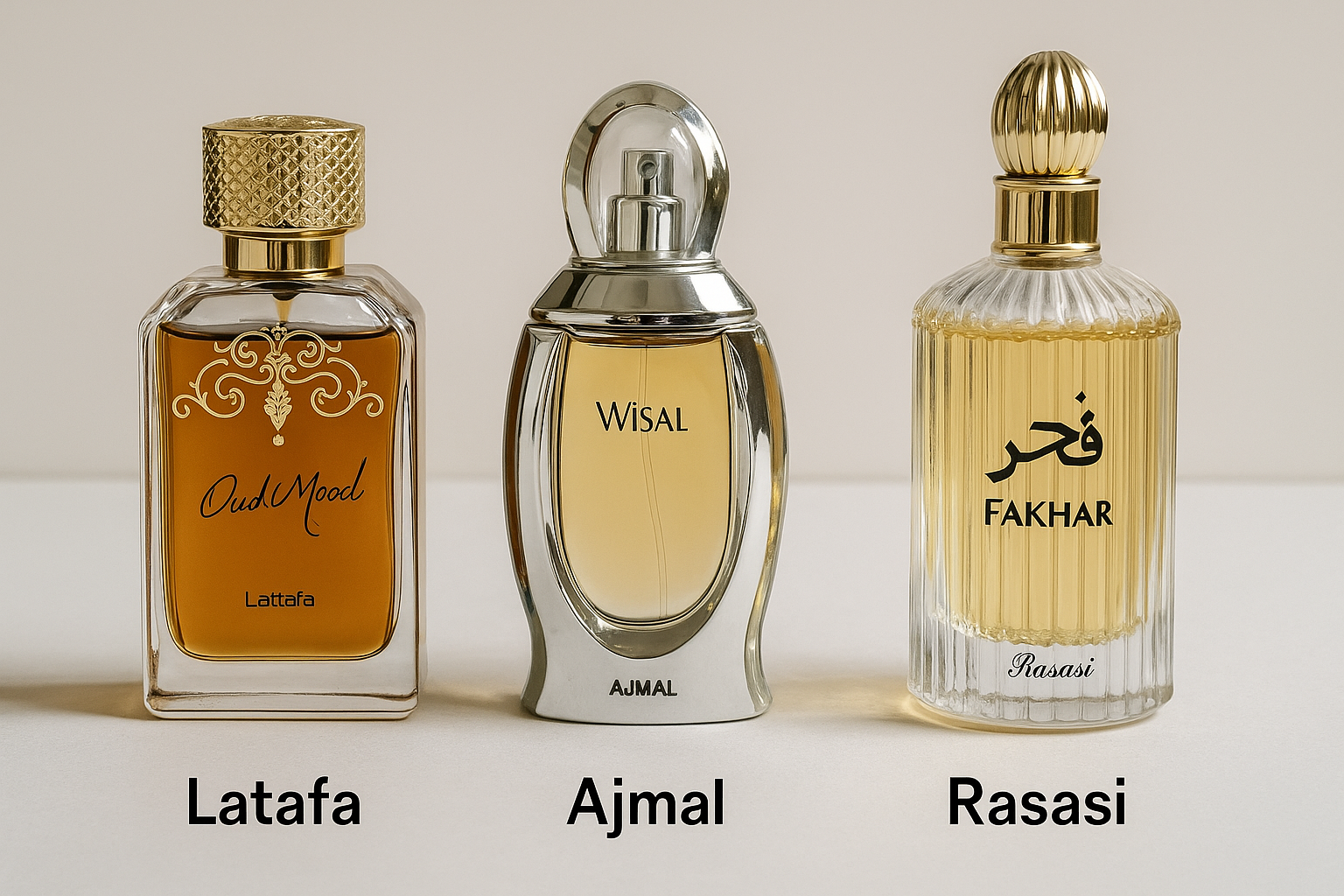 سه شیشه معروف از عطرهای عربی شامل لطافه عود مود، آجمل ویسال و رساسی فخر، روی زمینه سفید – مقایسه برندهای عطر عربی معروف