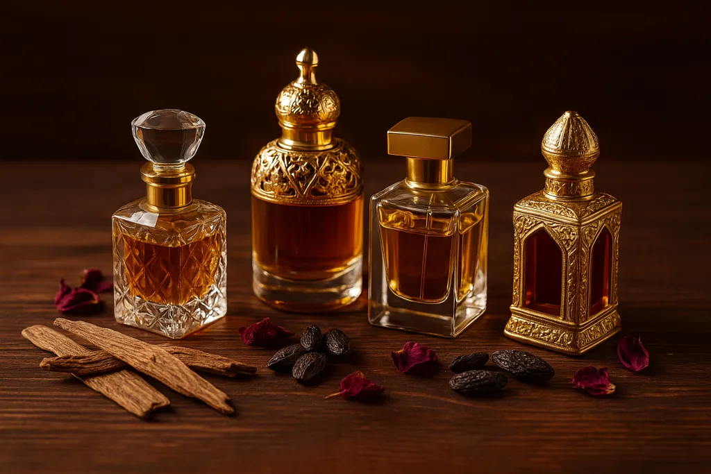 بطری‌های شیشه‌ای و طلایی عطر عربی روی میز چوبی تیره در کنار چوب عود و گل خشک – نماد رایحه شرقی و اصالت عربی