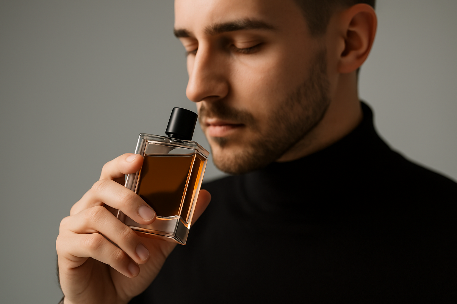 شخصی با استایل خاص در حال بو کردن بطری عطر نیش با فوکوس روی شیشه و پس‌زمینه تار