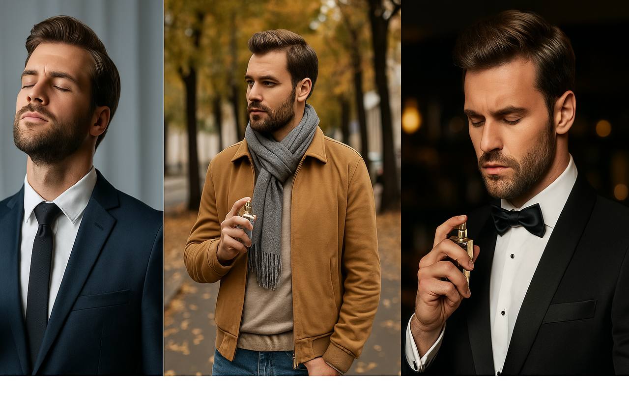 مرد خوش‌پوش در حال استفاده از عطر در موقعیت‌های رسمی، خیابان پاییزی و مهمانی شبانه، نمادی از عطر چهار فصل مردانه