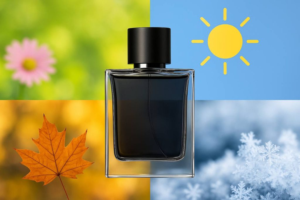 طری عطر مردانه در مرکز تصویر با پس‌زمینه چهار فصل شامل بهار، تابستان، پاییز و زمستان، نماد عطر چهار فصل مردانه