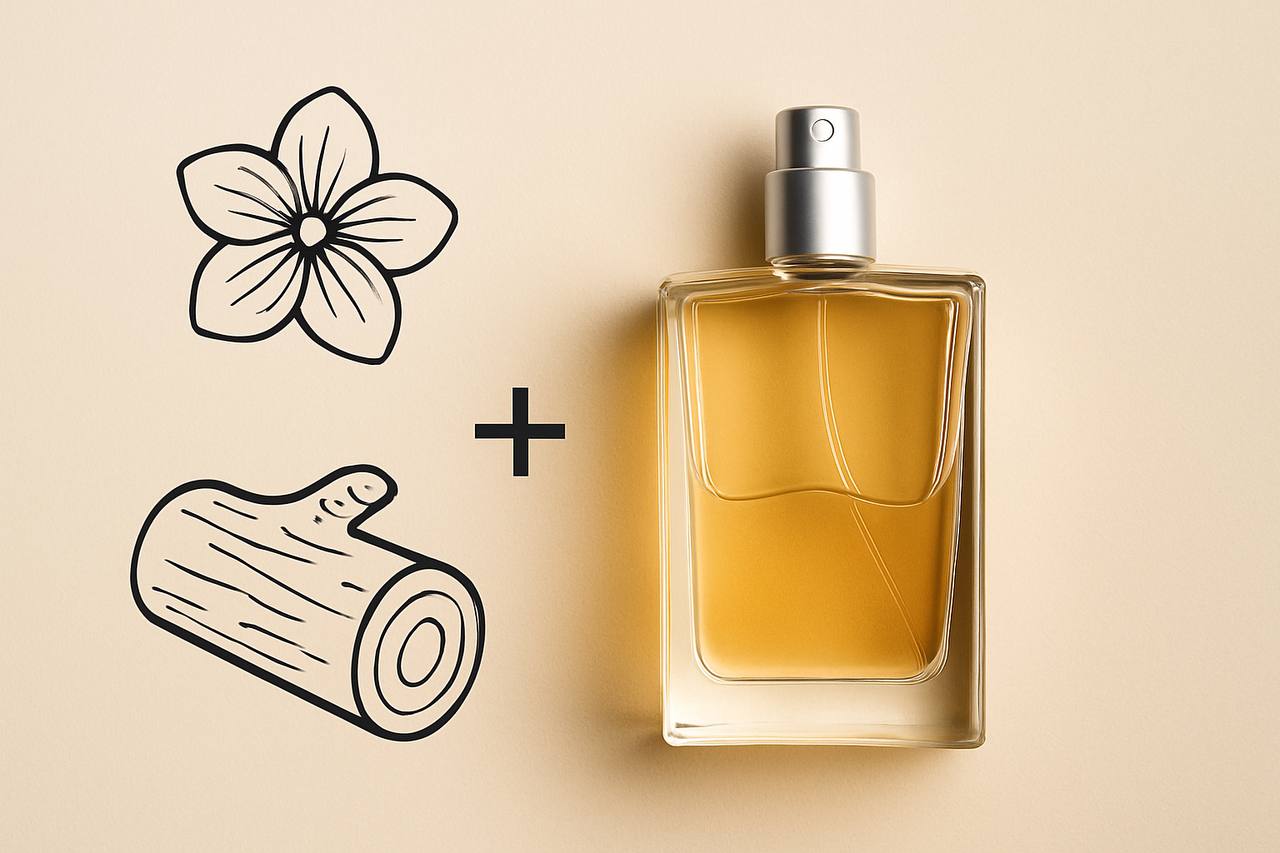 تصویر مفهومی از عطر ترکیبی در شیشه شفاف روی زمینه انتزاعی