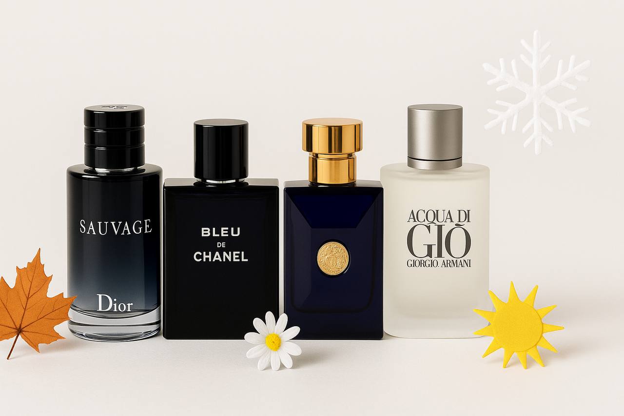 تصویر چهار بطری عطر مردانه لوکس از برندهای دیور، شنل، ورساچه و آرمانی با نماد فصل‌ها روی زمینه سفید