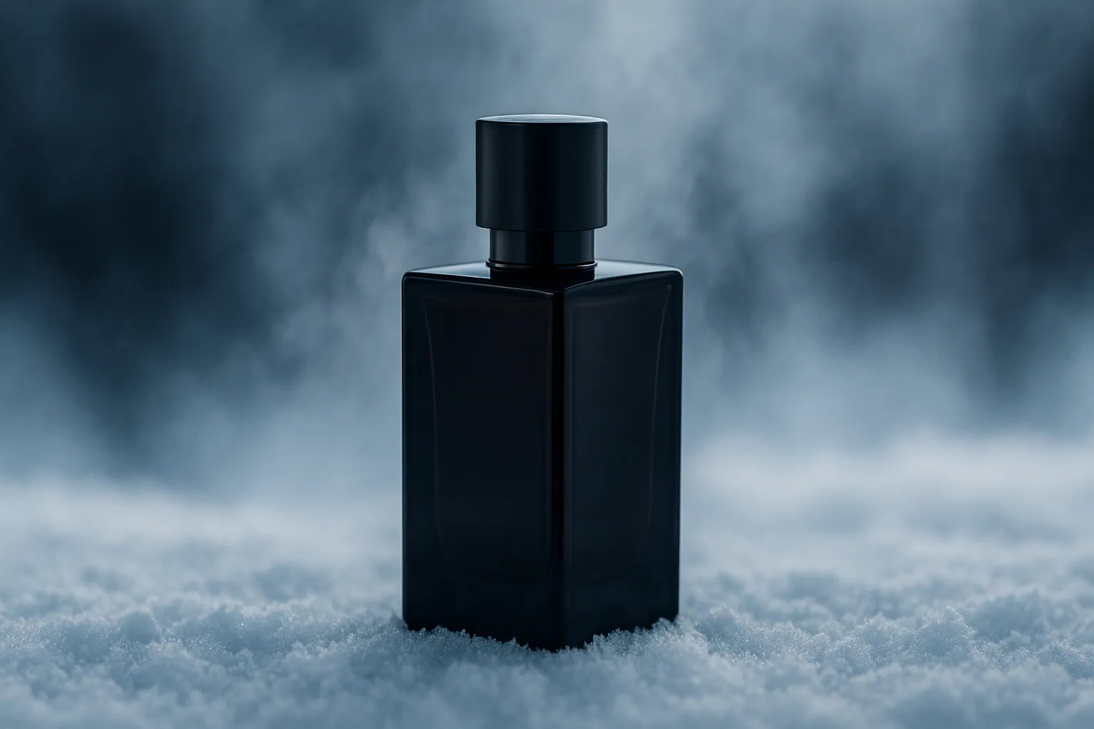 شیشه عطر زمستانی مردانه با طراحی تیره روی زمینه‌ای برفی و مه‌آلود، مناسب برای فصل سرد