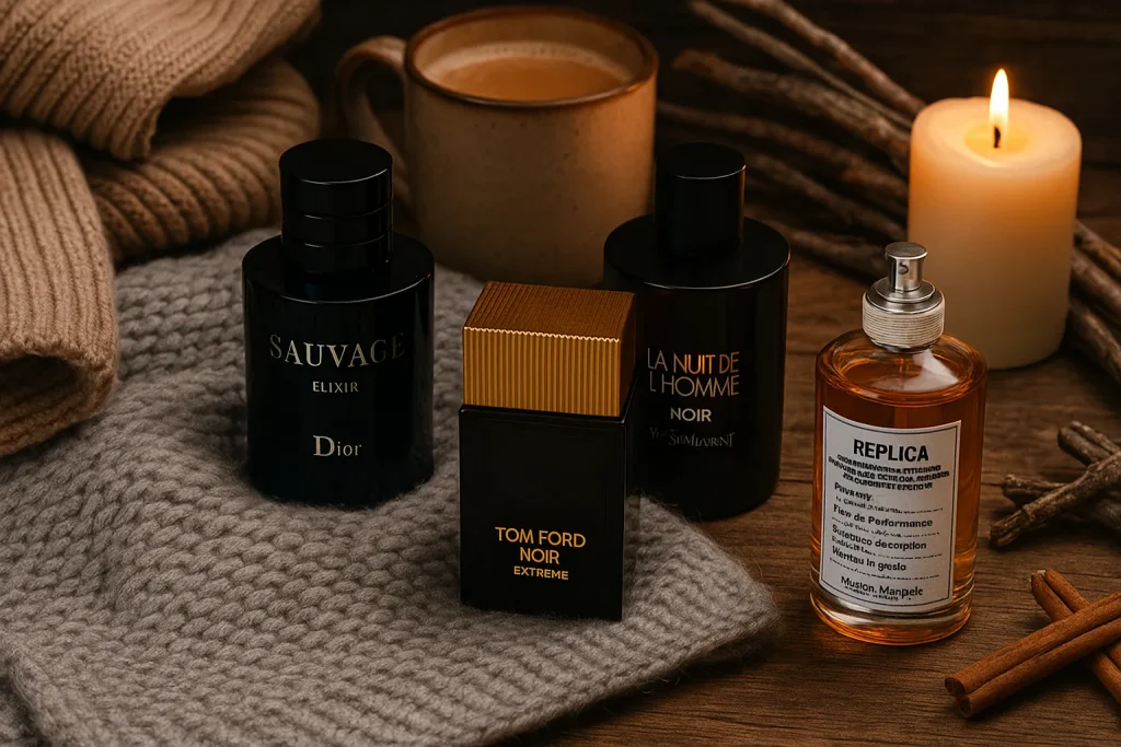 چیدمان شیشه‌های عطر زمستانی مردانه شامل Dior Sauvage Elixir، Tom Ford Noir Extreme، La Nuit de L’Homme و Replica By the Fireplace روی شال بافتنی و میز چوبی، در کنار قهوه، شمع و دارچین.