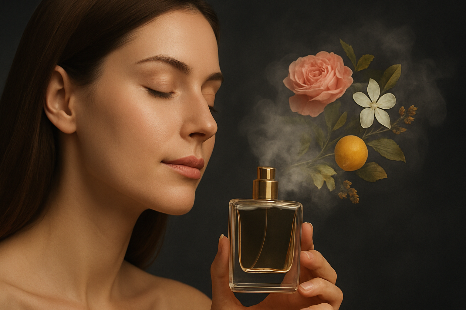 زن در حال استشمام عطر سفارشی با رایحه گل و مرکبات