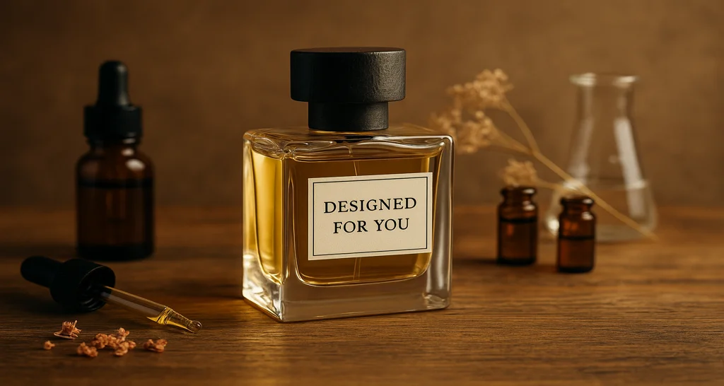 بطری عطر سفارشی با ابزار ترکیب رایحه روی میز چوبی
