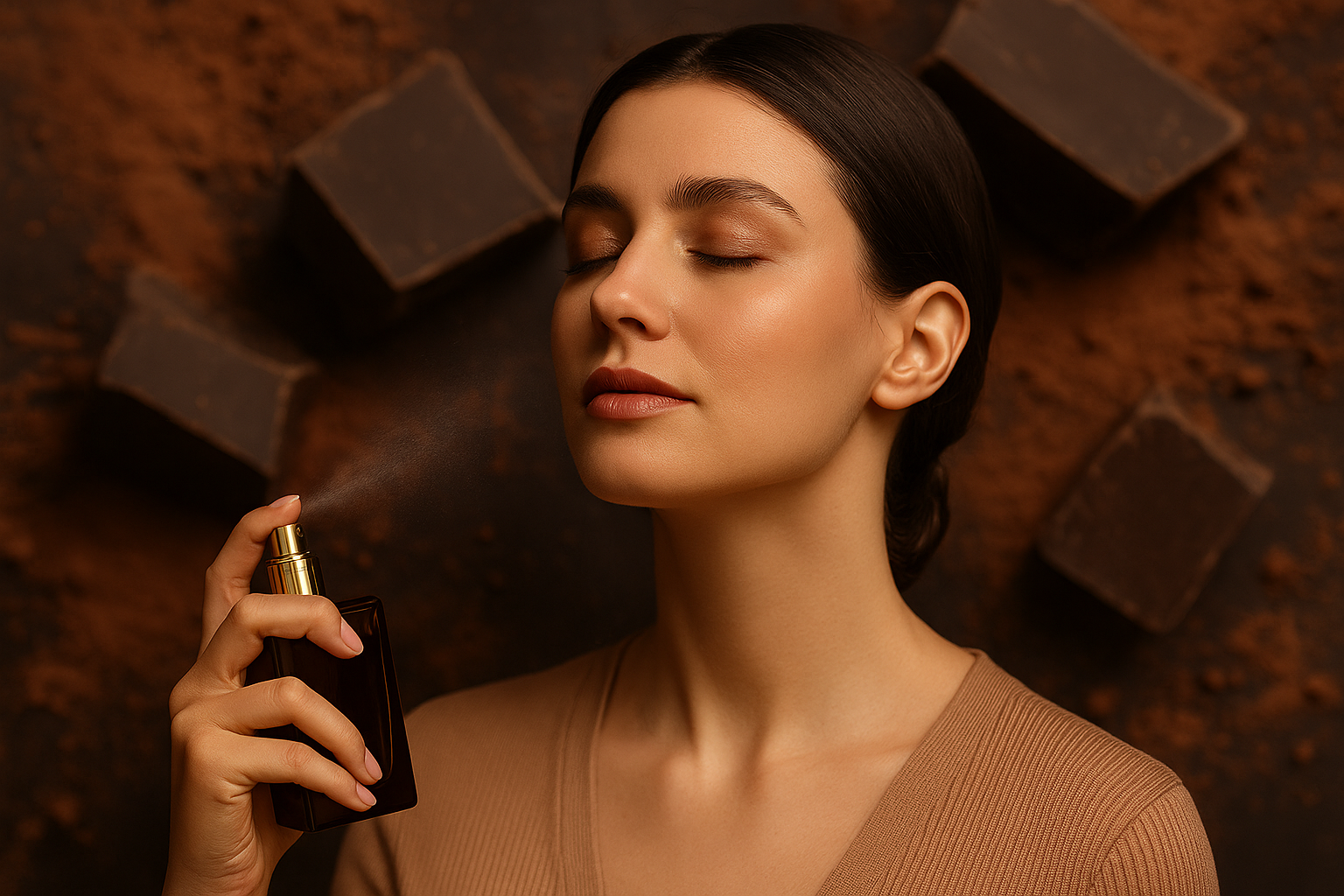 یک خانوم در حال استفاده از عطر شکلاتی 