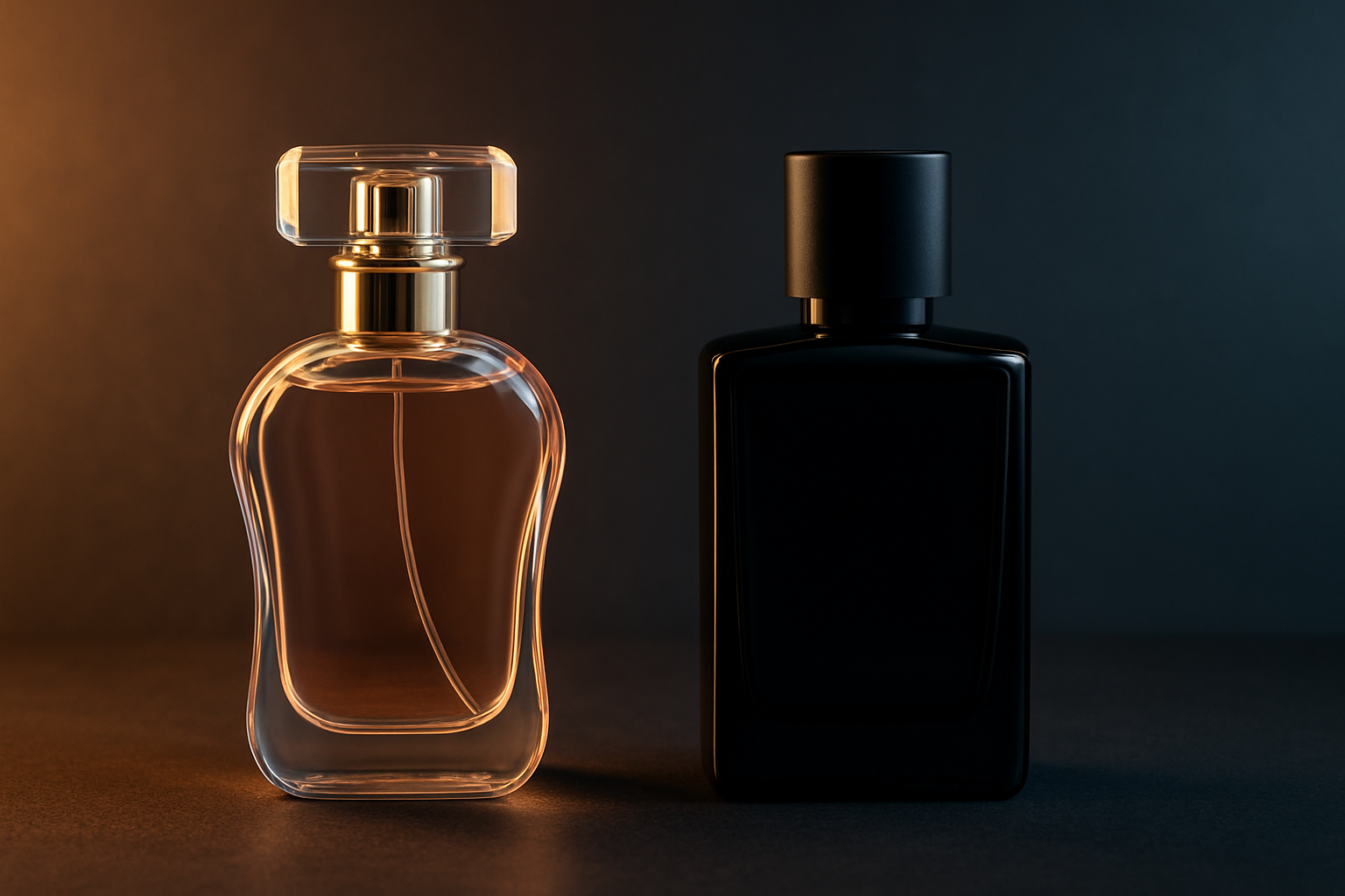 دو بطری عطر زنانه و مردانه با طراحی و رنگ متفاوت کنار هم برای نشان دادن فرق عطر زنانه و مردانه