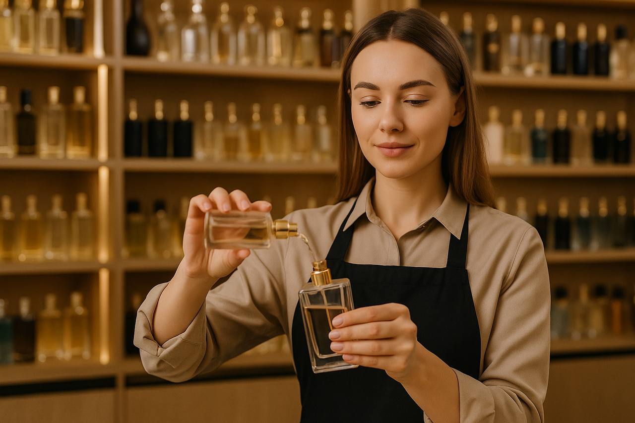 خانم عطرساز در حال ترکیب دو رایحه برای ساخت عطر ترکیبی در یک فروشگاه عطر لوکس