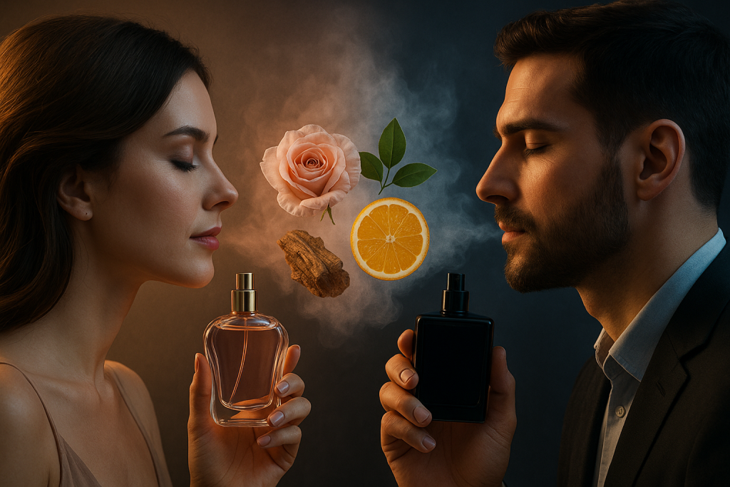 صورت زن و مرد از نیمرخ با رایحه‌ در حال پخش شامل گل، چوب و مرکبات برای نشان دادن عطر مشترک زنانه و مردانه