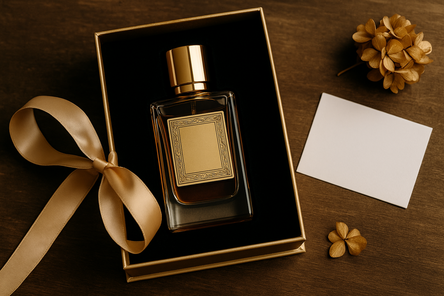 شیشه عطر عربی در جعبه مخملی با روبان طلایی، کنار گل خشک و کارت هدیه – مناسب برای هدیه لاکچری و خاص