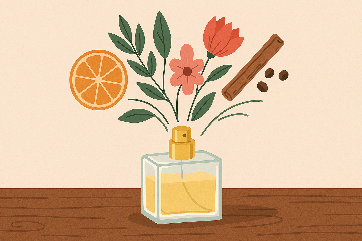  تصویر مفهومی بطری عطر که از آن نت‌های رایحه شامل گل، پرتقال، چوب دارچین و دانه‌ها بیرون آمده‌اند – نمای ساده برای درک ساختار نت‌های عطر