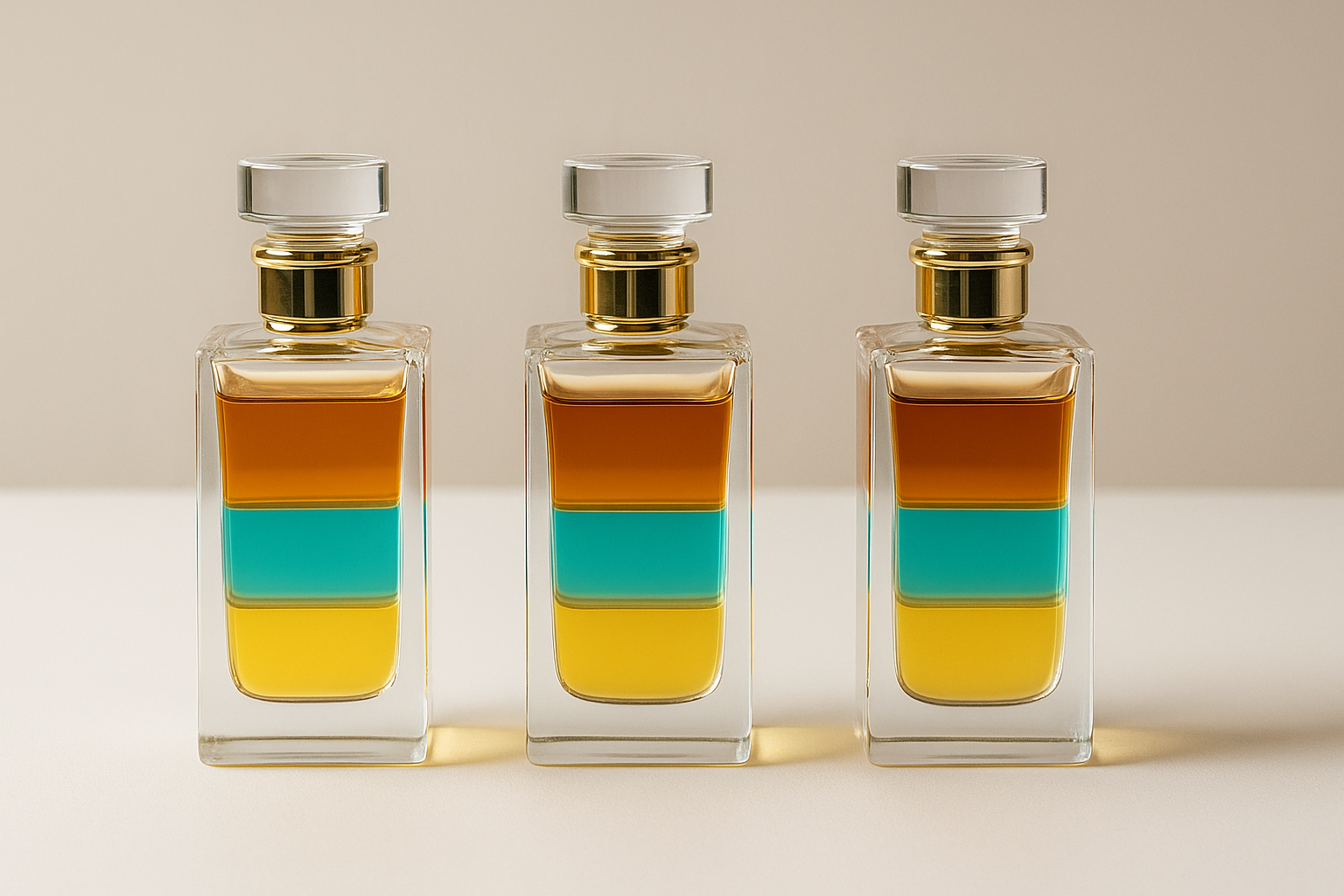 سه بطری عطر با لایه‌های رنگی مجزا به‌عنوان نمایش بصری نت‌های ابتدایی، میانی و پایه – مناسب مقاله نت های عطر
