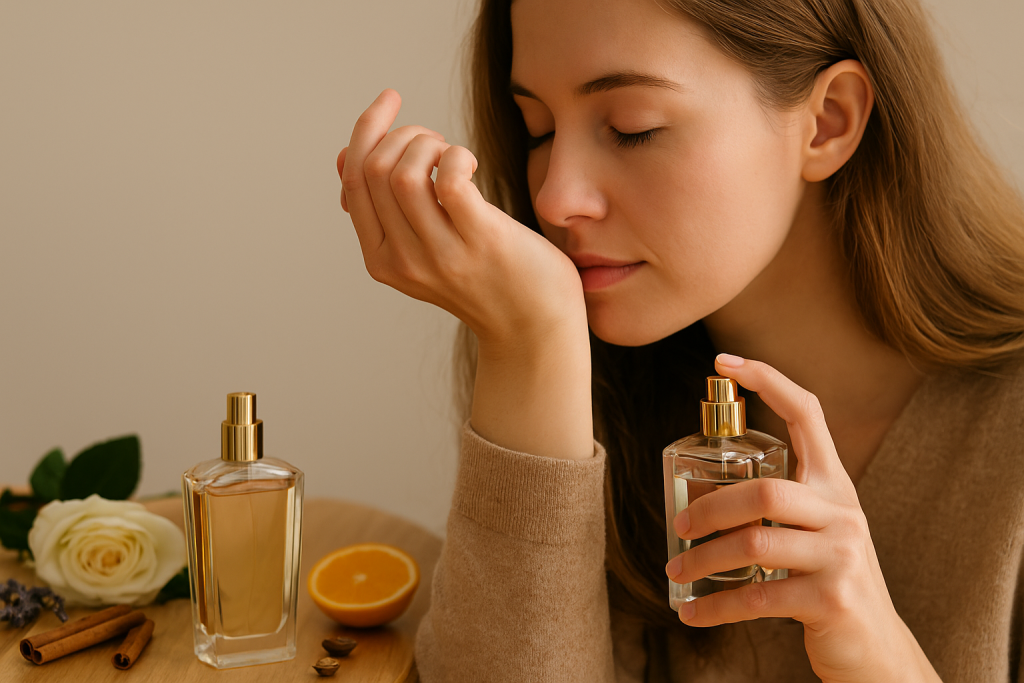 زن جوان در حال تست عطر روی مچ دست، در کنار شیشه عطر و ترکیبات طبیعی مانند گل، پرتقال و دارچین – مناسب مقاله نت های عطر