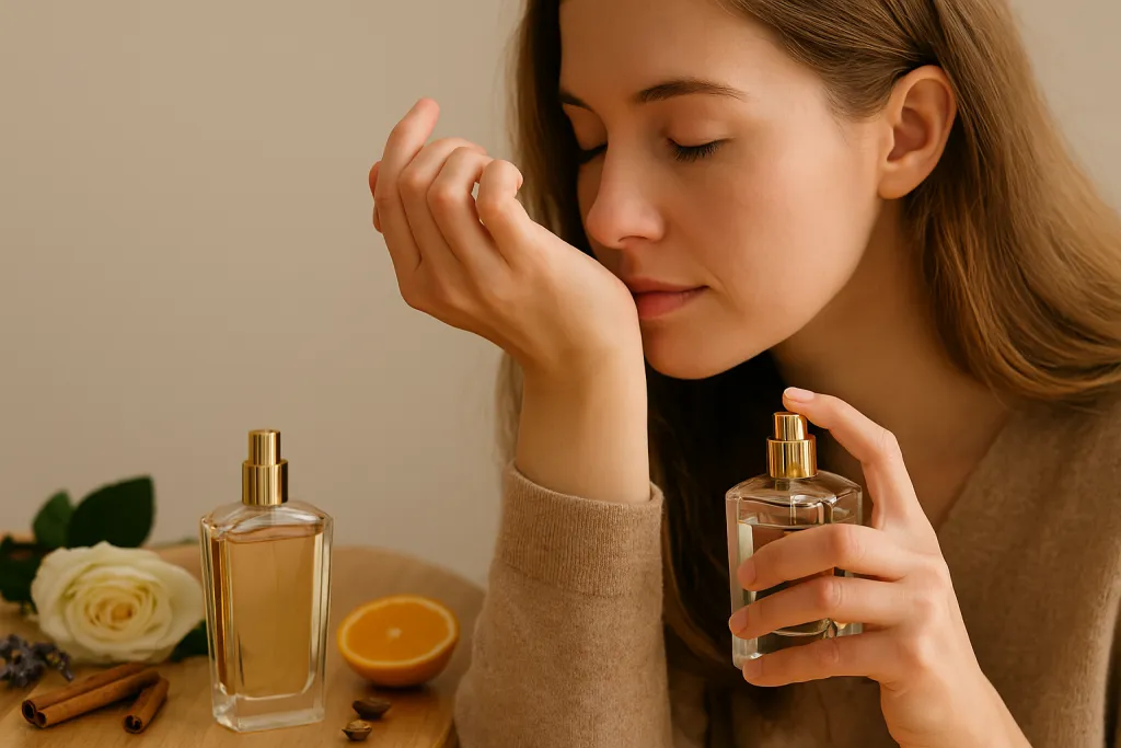 زن جوان در حال تست عطر روی مچ دست، در کنار شیشه عطر و ترکیبات طبیعی مانند گل، پرتقال و دارچین – مناسب مقاله نت های عطر