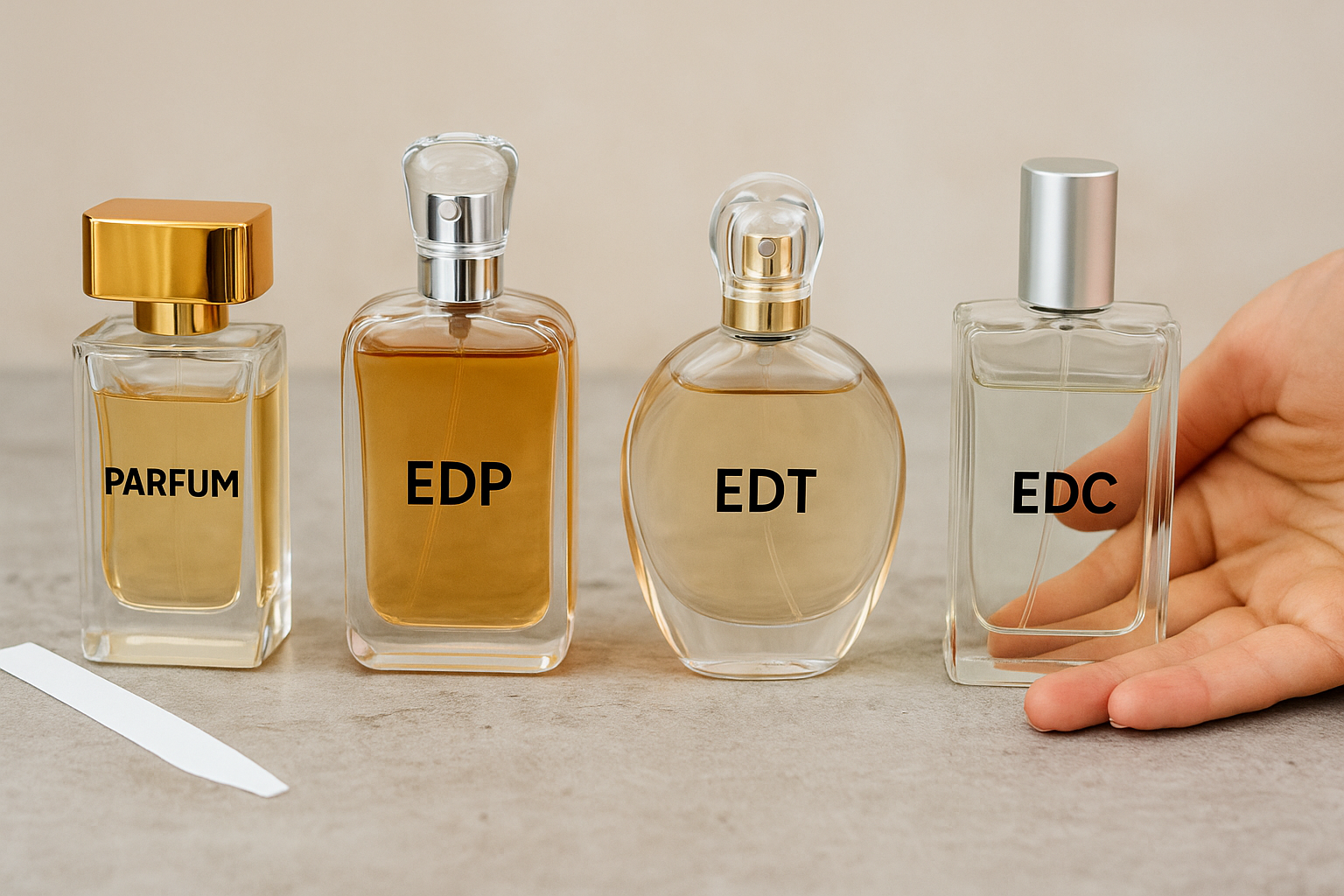تصویر مقایسه‌ای از شیشه‌های عطر با برچسب PARFUM، EDP، EDT و EDC – مناسب مقاله تفاوت انواع عطر و ادوپرفیوم چیست