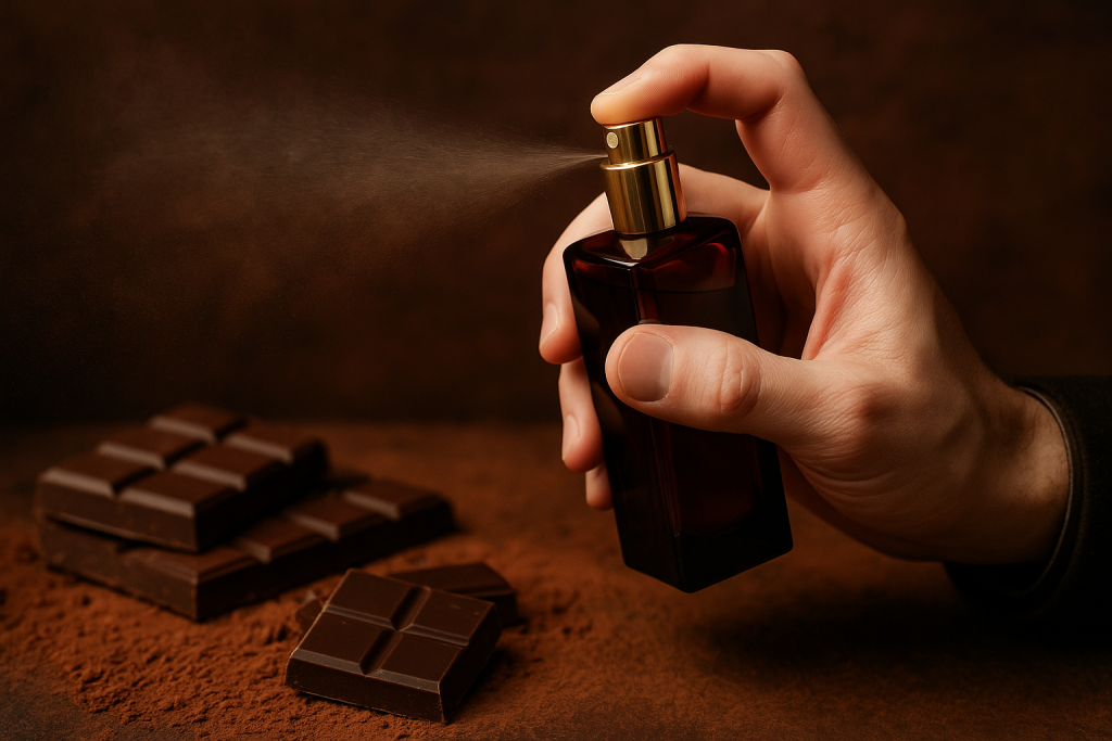 دست در حال اسپری کردن عطر شکلاتی روی پوست با پس‌زمینه گرم و شکلاتی