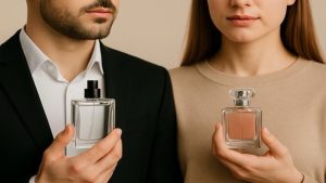 یک زن و یک مرد با دو شیشه عطر در دست برای نشان عطر مشترک زنانه و مردانه یا عطر یونی سکس