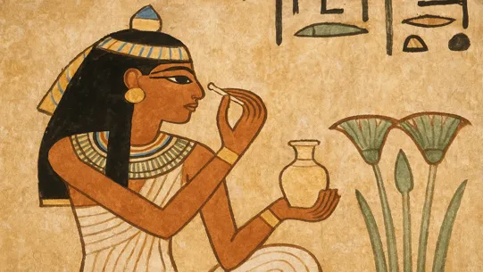 زن مصری باستان در حال استعمال اولین عطر جهان در نقاشی دیواری سنتی مصر باستان