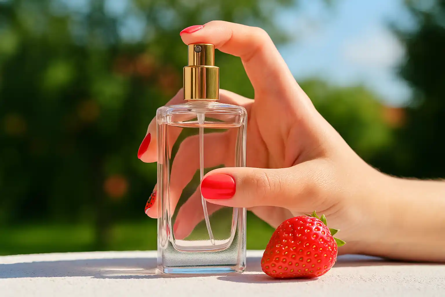 ست بانویی با طراحی ناخن توت‌فرنگی در حال گرفتن شیشه عطر در فضای تابستانی؛ نمایی از حس لطافت و رایحه عطر توت فرنگی