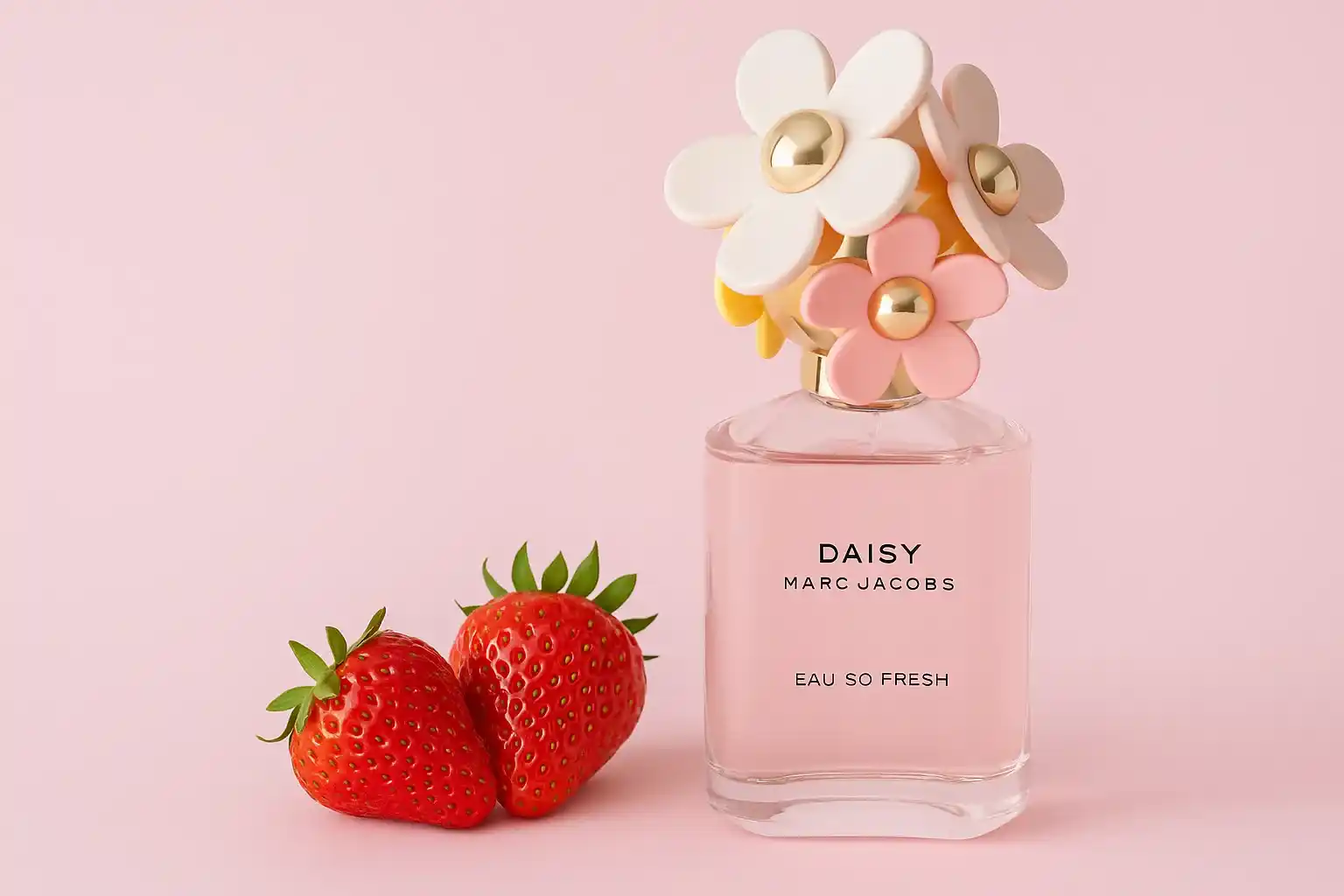 بطری عطر مارک جاکوبز دیزی در کنار توت‌فرنگی تازه روی پس‌زمینه صورتی؛ نمایی از عطر با بوی توت فرنگی لطیف و زنانه