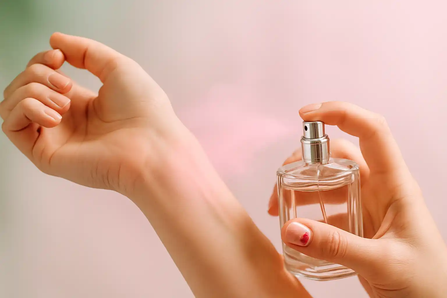 اسپری شدن عطر با بوی توت فرنگی روی مچ دست زن با بخار صورتی؛ تصویری از لطافت و نزدیکی رایحه با پوست