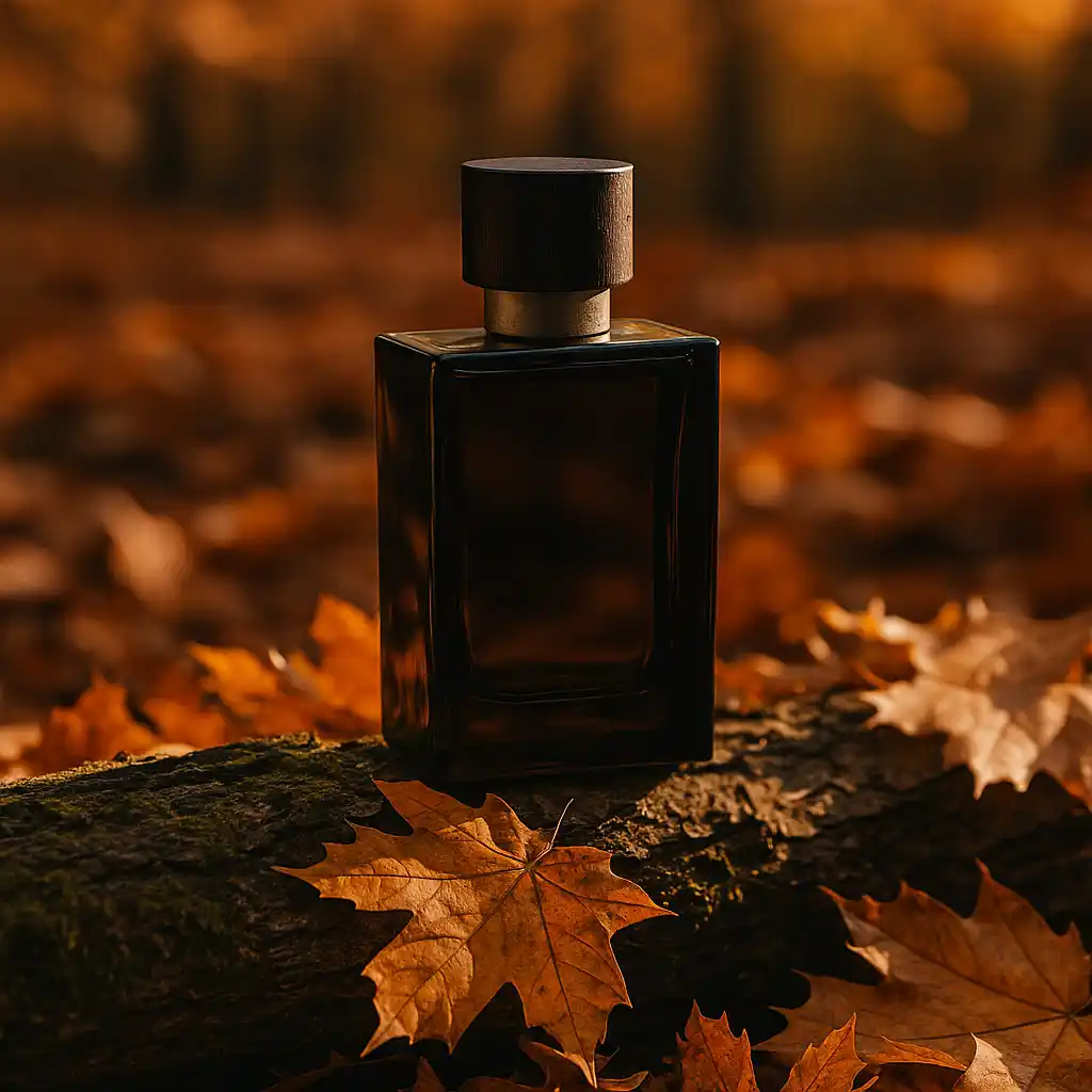 شیشه عطر مردانه تیره روی تنه درخت پوشیده از خزه، در میان برگ‌های خشک پاییزی با نور گرم عصرگاهی برای مقالیه بهترین عطرهای پاییزی مردانه 