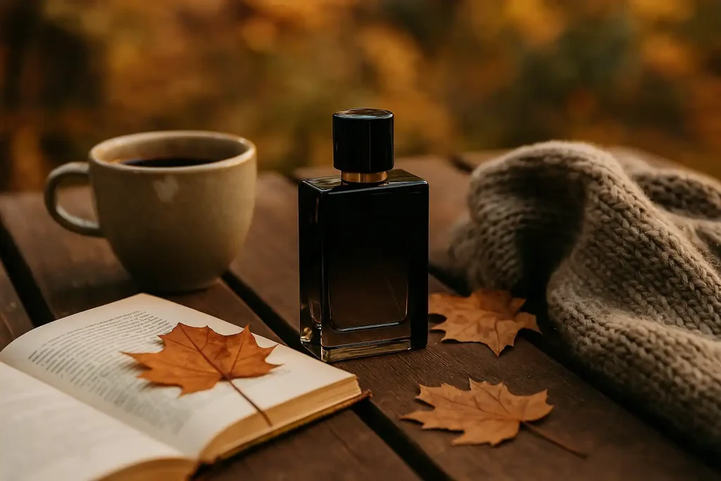 شیشه عطر مردانه در کنار فنجان قهوه، کتاب باز، برگ خشک و شال پشمی روی میز چوبی در فضای پاییزی با نور طلایی برای مقالیه بهترین عطرهای پاییزی مردانه