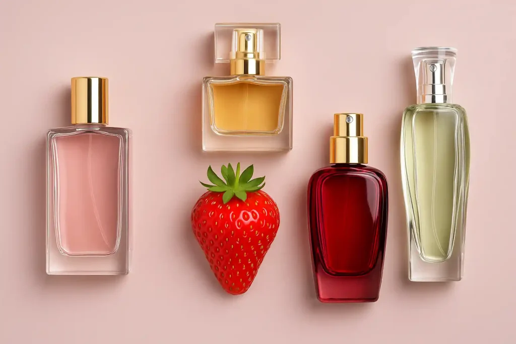 چهار بطری عطر در رنگ‌های متنوع در کنار توت‌فرنگی تازه؛ تصویری نمادین از تنوع عطرهای با بوی توت فرنگی